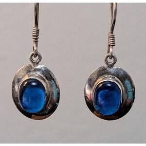 Vintage 925 Sterling Bezel Set Blue Glass Dangle Earrings